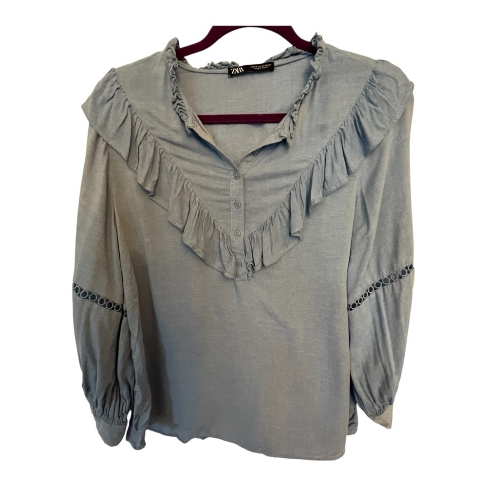 Zara Blue Ruffled 3/4 Sleeve Bib Collar Blouse - Picture 2 of 5